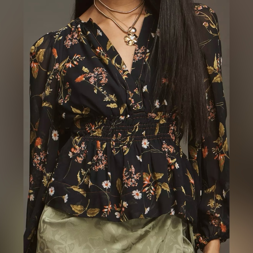 New Anthropologie Black Floral Blouse size small